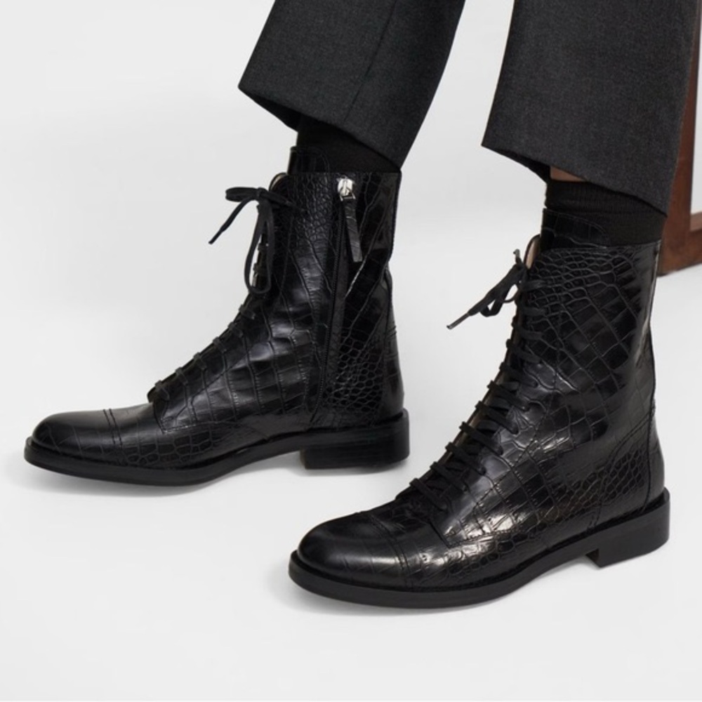 Theory Laced Boot in Crocodile Print Leather